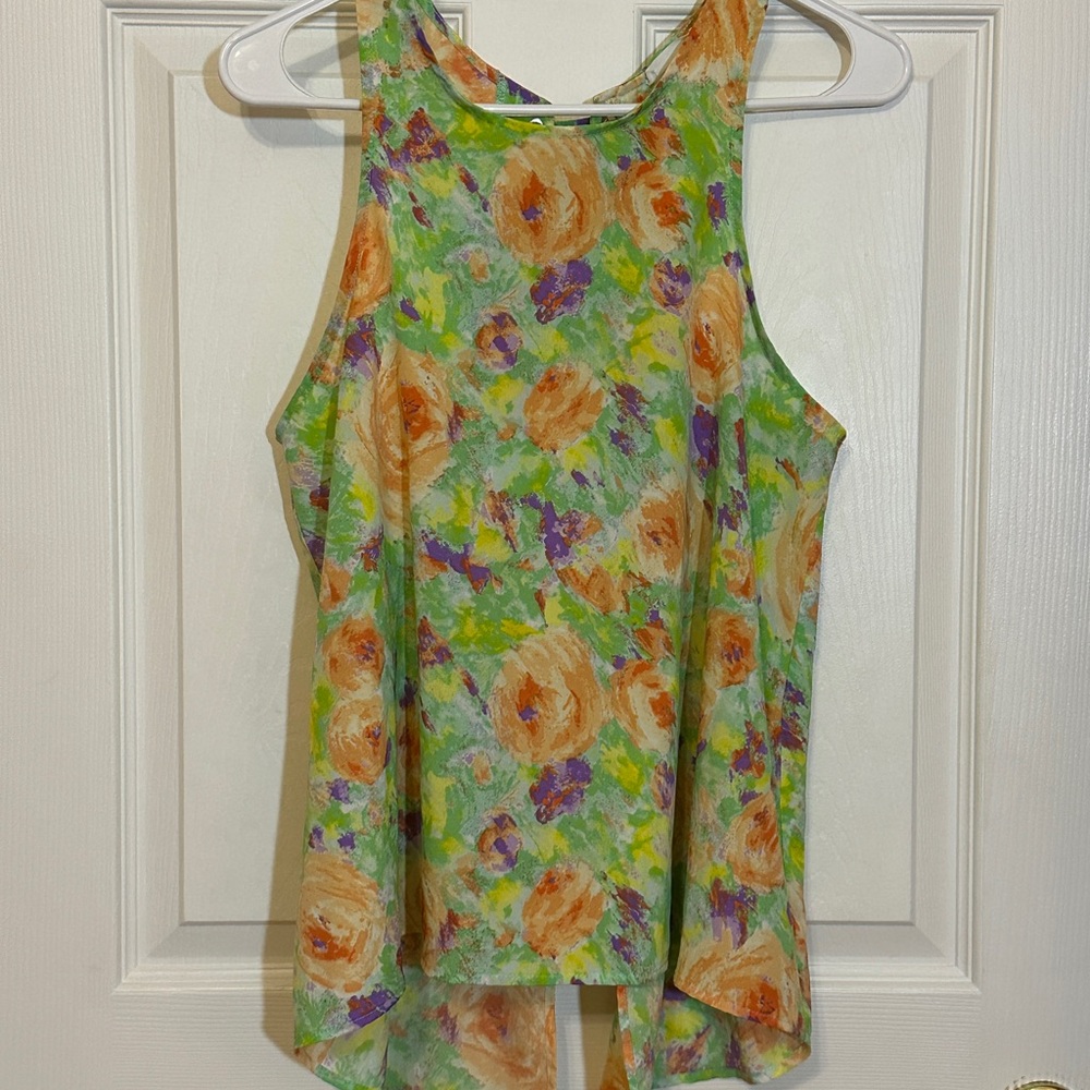 Floral Sleeveless Women's Top - Green and Orange